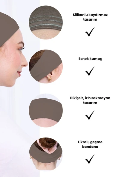 Loggia Kaymayan Silikonlu Bandana Bone - Sportif Saç Bandı-Kahverengi - 3