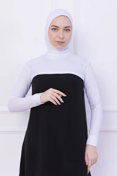 Loggia Balıkçı Yaka Boyunluklu Kolluk Beyaz - Likralı Dik Yakalı Kadın Body Tesettür Crop Bolero - Resim 2
