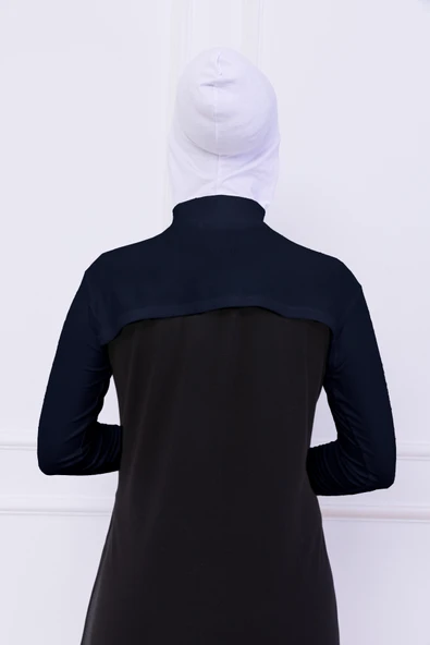 Loggia Balıkçı Yaka Boyunluklu Kolluk Lacivert - Likralı Dik Yakalı Kadın Body Tesettür Crop Bolero - Resim 7