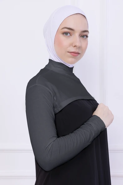 Loggia Balıkçı Yaka Boyunluklu Kolluk Gri - Likralı Dik Yakalı Kadın Body Tesettür Crop Bolero ürün görseli