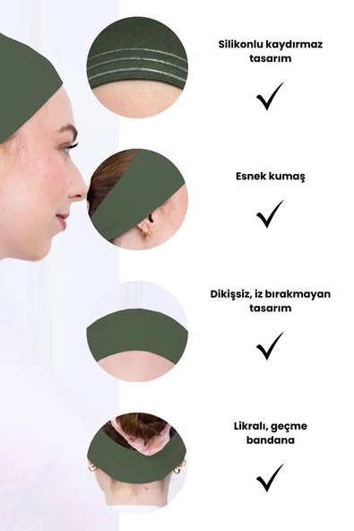 Loggia Kaymayan Silikonlu Bandana Bone - Sportif Saç Bandı-Haki - 3