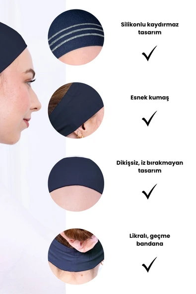 Loggia Kaymayan Silikonlu Bandana Bone Lacivert - Kadın Tesettür Dikişsiz Kaymaz Geçme - Sportif Saç Bandı - 3