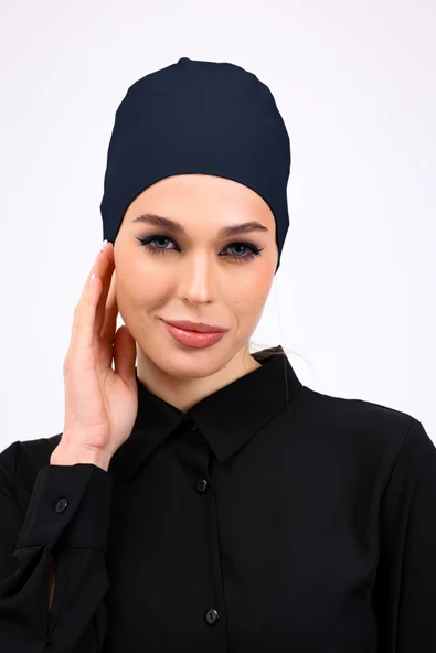 Loggia Düz Dikişsiz Penye Bone Petrol Mavisi - Kadın Tesettür Bağlamalı İç Bone - Resim 2