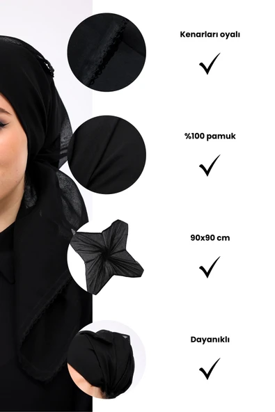 Loggia İç Başörtüsü %100 Pamuklu Siyah Tülbent - Kenarları Oyalı 90x90 Cm Kadın Tesettür Yazma Başörtü - 3