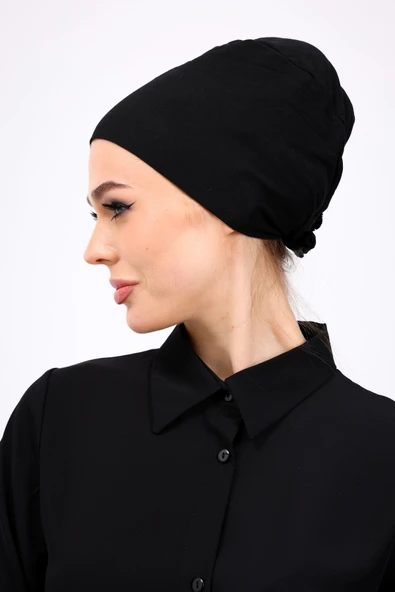 Loggia Düz Dikişsiz Penye Bone Siyah - Kadın Tesettür Bağlamalı İç Bone - Resim 6