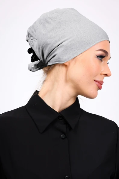 Loggia Düz Dikişsiz Penye Bone Açık Gri - Kadın Tesettür Bağlamalı İç Bone - Resim 6