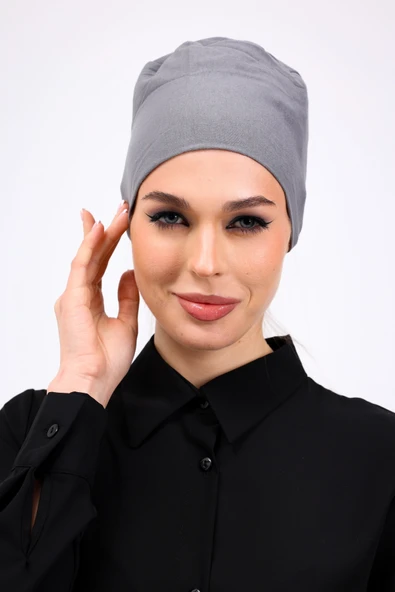 Loggia Düz Dikişsiz Penye Bone Gri - Kadın Tesettür Bağlamalı İç Bone - Resim 2