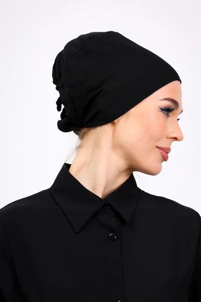 Loggia Düz Dikişsiz Penye Bone Siyah - Kadın Tesettür Bağlamalı İç Bone - Resim 4