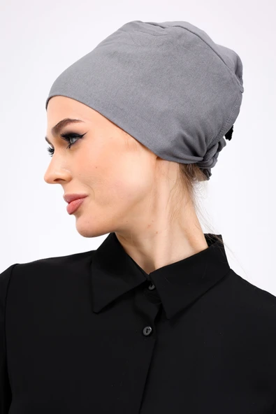 Loggia Düz Dikişsiz Penye Bone Gri - Kadın Tesettür Bağlamalı İç Bone - Resim 5