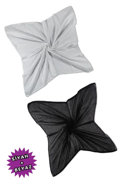 Loggia 2 Adet İç Başörtüsü %100 Pamuklu Siyah Beyaz Tülbent - Kenarları Oyalı 90x90 Kadın Tesettür - Resim 4