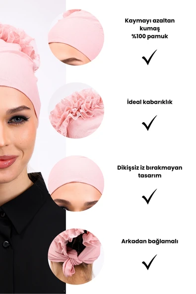 Loggia Fırfırlı Dikişsiz Penye Bone Pembe - Kadın Tesettür Bağlamalı Topuz İç Bone Pudra - Resim 3