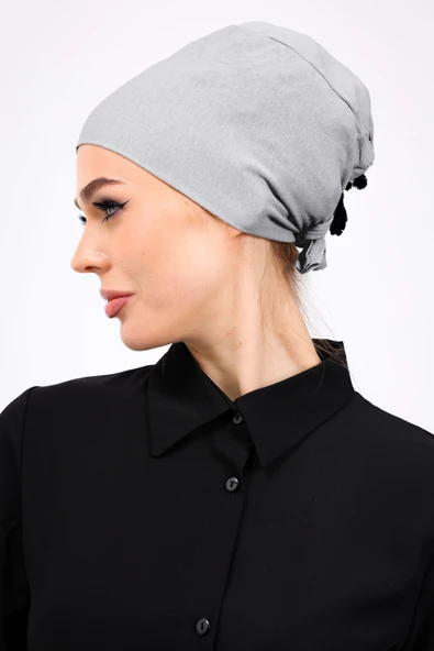 Loggia Düz Dikişsiz Penye Bone Açık Gri - Kadın Tesettür Bağlamalı İç Bone - Resim 5