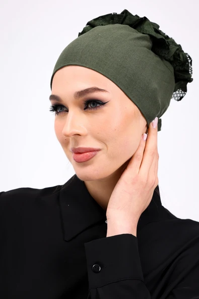 Loggia Fırfırlı Dikişsiz Penye Bone Haki Yeşil - Kadın Tesettür Bağlamalı Topuz İç Bone - Resim 5