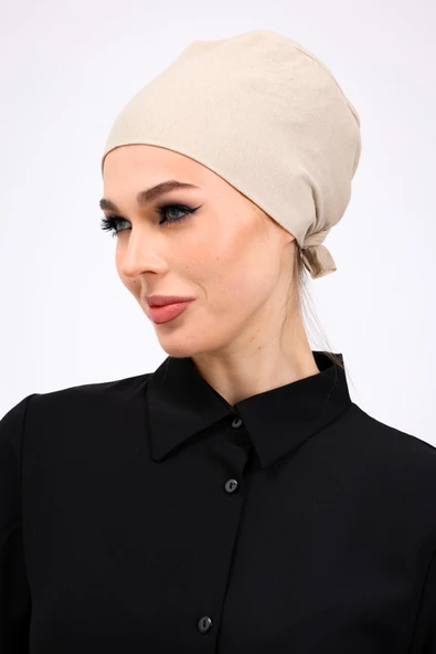 Loggia Düz Dikişsiz Penye Bone Krem - Kadın Tesettür Bağlamalı İç Bone Bej - Resim 5