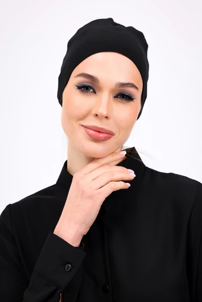 Loggia Düz Dikişsiz Penye Bone Siyah - Kadın Tesettür Bağlamalı İç Bone - Resim 8