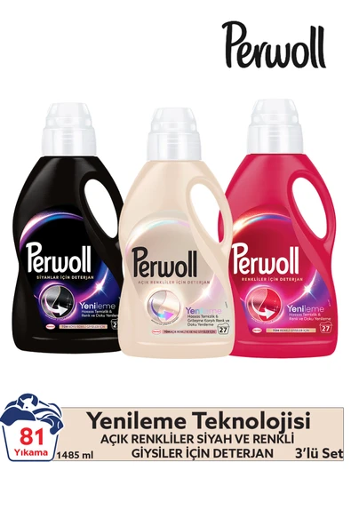 Perwoll Yenileme Siyah, Renkli ve Açık Renkler Sıvı Deterjan 1.485L (3'lü Set) – Güçlü Temizlik ürün görseli