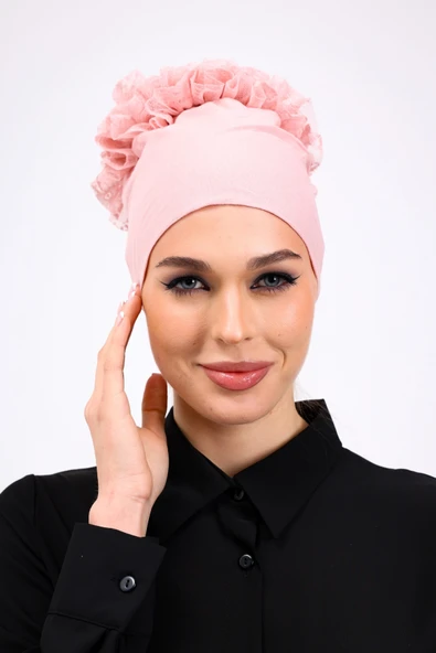 Loggia Fırfırlı Dikişsiz Penye Bone Pembe - Kadın Tesettür Bağlamalı Topuz İç Bone Pudra ürün görseli