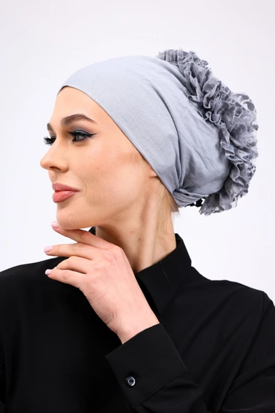 Loggia Fırfırlı Dikişsiz Penye Bone Açık Gri - Kadın Tesettür Bağlamalı Topuz İç Bone - Resim 7