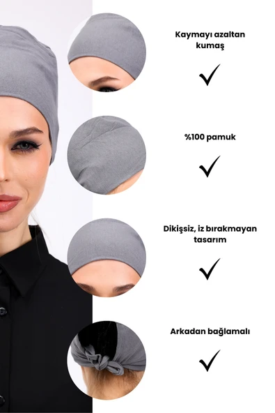 Loggia Düz Dikişsiz Penye Bone Gri - Kadın Tesettür Bağlamalı İç Bone - Resim 3
