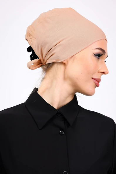 Loggia Düz Dikişsiz Penye Bone Ten Rengi - Kadın Tesettür Bağlamalı İç Bone - Resim 4