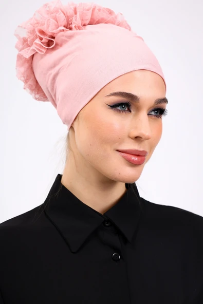 Loggia Fırfırlı Dikişsiz Penye Bone Pembe - Kadın Tesettür Bağlamalı Topuz İç Bone Pudra - Resim 4