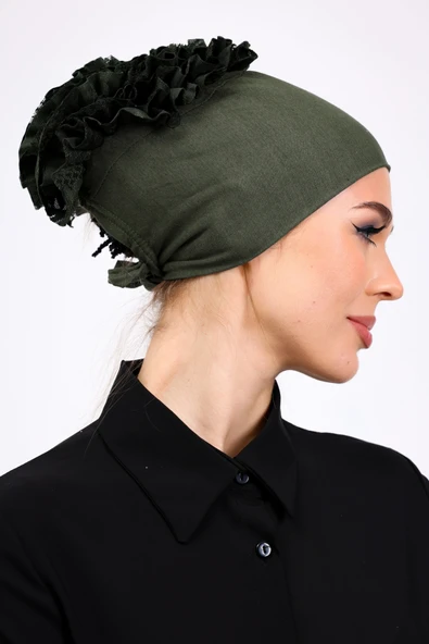 Loggia Fırfırlı Dikişsiz Penye Bone Haki Yeşil - Kadın Tesettür Bağlamalı Topuz İç Bone - Resim 4