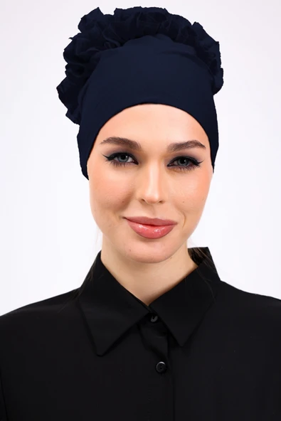 Loggia Fırfırlı Dikişsiz Penye Bone Lacivert - Kadın Tesettür Bağlamalı Topuz İç Bone - Resim 2