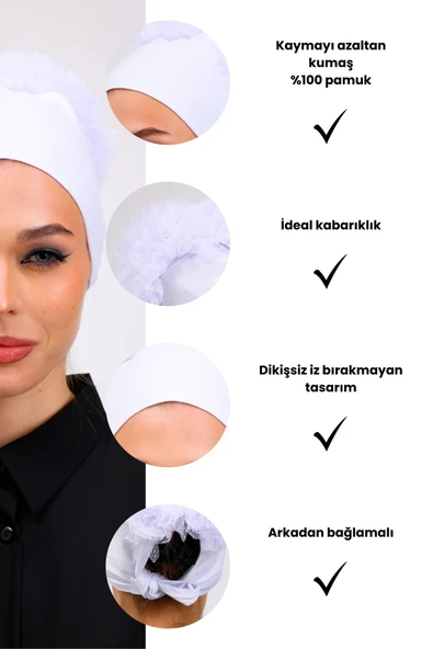Loggia Fırfırlı Dikişsiz Penye Bone Beyaz- Kadın Tesettür Bağlamalı Topuz İç Bone - Resim 3