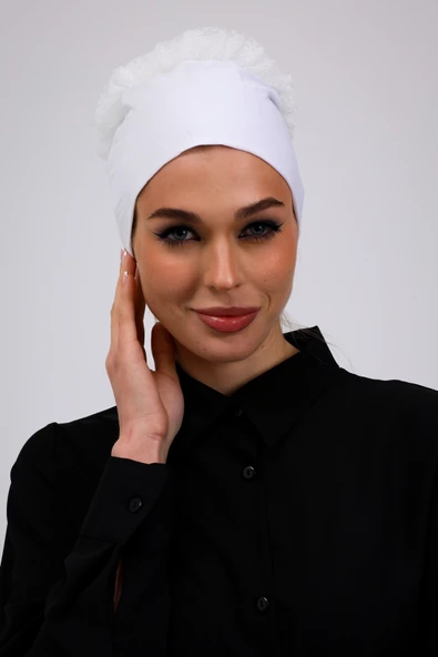 Loggia Fırfırlı Dikişsiz Penye Bone Ekru - Kadın Tesettür Bağlamalı Topuz İç Bone Kırık Beyaz ürün görseli