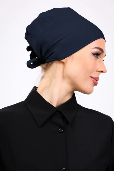 Loggia Düz Dikişsiz Penye Bone Petrol Mavisi - Kadın Tesettür Bağlamalı İç Bone - Resim 4