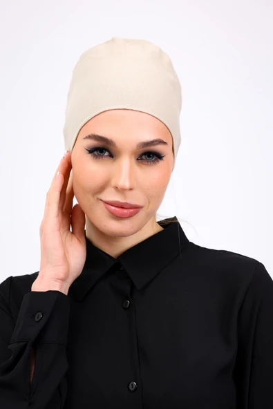 Loggia Düz Dikişsiz Penye Bone Krem - Kadın Tesettür Bağlamalı İç Bone Bej - Resim 2