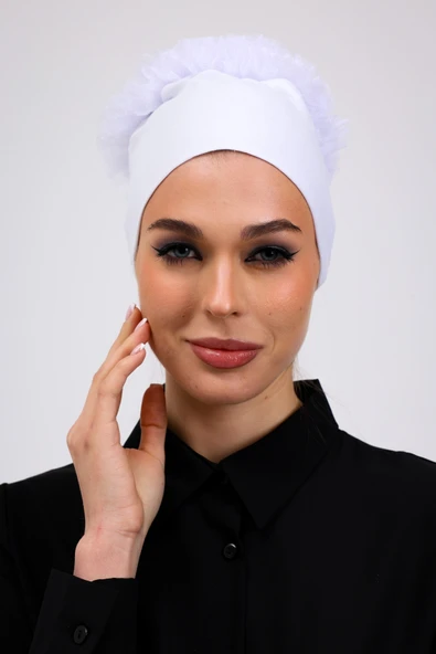 Loggia Fırfırlı Dikişsiz Penye Bone Beyaz- Kadın Tesettür Bağlamalı Topuz İç Bone ürün görseli