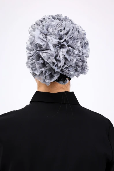 Loggia Fırfırlı Dikişsiz Penye Bone Açık Gri - Kadın Tesettür Bağlamalı Topuz İç Bone - Resim 8