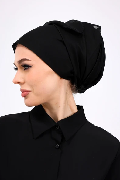 Loggia İç Başörtüsü %100 Pamuklu Siyah Tülbent - Kenarları Oyalı 90x90 Cm Kadın Tesettür Yazma Başörtü - 2