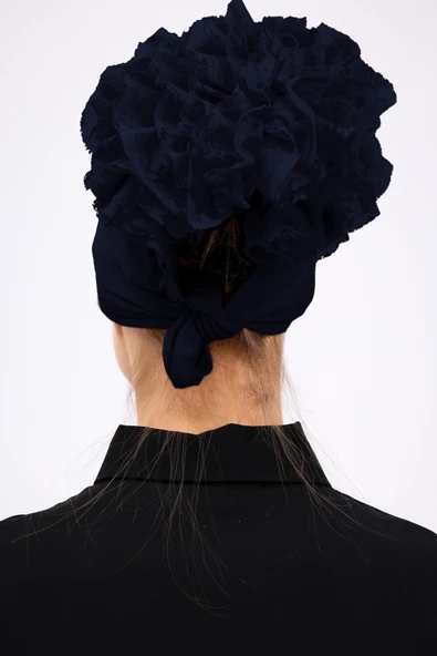 Loggia Fırfırlı Dikişsiz Penye Bone Lacivert - Kadın Tesettür Bağlamalı Topuz İç Bone - Resim 8