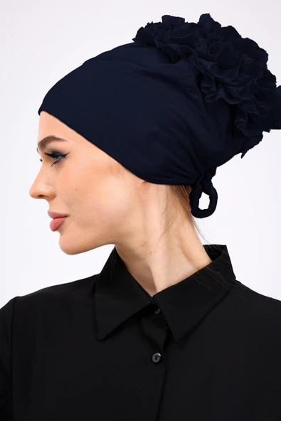 Loggia Fırfırlı Dikişsiz Penye Bone Lacivert - Kadın Tesettür Bağlamalı Topuz İç Bone - Resim 7