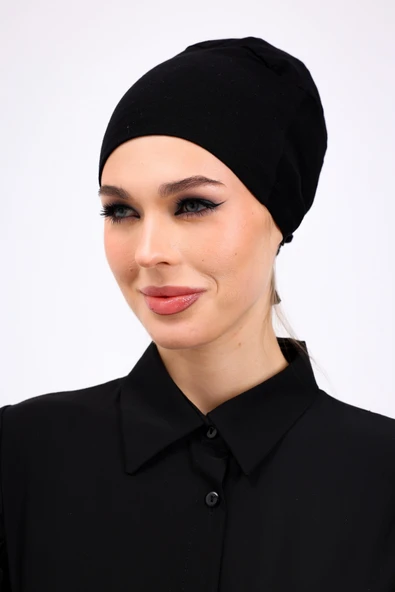 Loggia Kaymayan Silikonlu Dikişsiz Bone Siyah - Kaymaz Kadın Tesettür Bağlamalı İç Bone - Resim 6