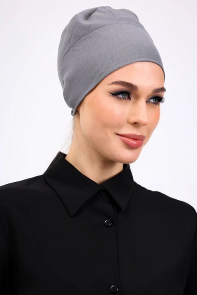 Loggia Düz Dikişsiz Penye Bone Gri - Kadın Tesettür Bağlamalı İç Bone ürün görseli