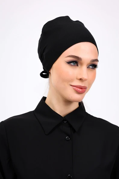 Loggia Düz Dikişsiz Penye Bone Siyah - Kadın Tesettür Bağlamalı İç Bone ürün görseli