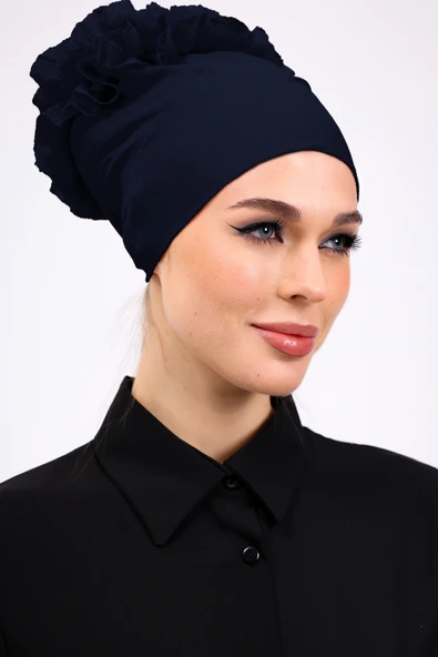 Loggia Fırfırlı Dikişsiz Penye Bone Lacivert - Kadın Tesettür Bağlamalı Topuz İç Bone - Resim 4