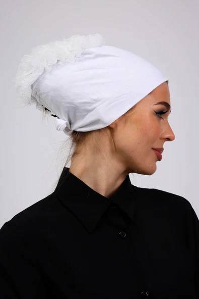 Loggia Fırfırlı Dikişsiz Penye Bone Ekru - Kadın Tesettür Bağlamalı Topuz İç Bone Kırık Beyaz - Resim 5