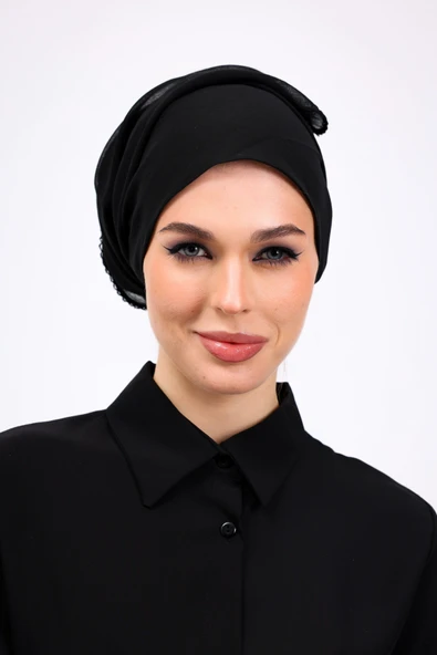 Loggia İç Başörtüsü %100 Pamuklu Siyah Tülbent - Kenarları Oyalı 90x90 Cm Kadın Tesettür Yazma Başörtü - 5