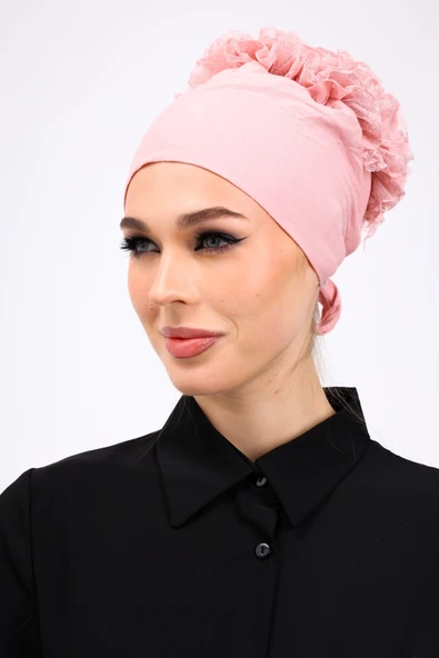 Loggia Fırfırlı Dikişsiz Penye Bone Pembe - Kadın Tesettür Bağlamalı Topuz İç Bone Pudra - Resim 6