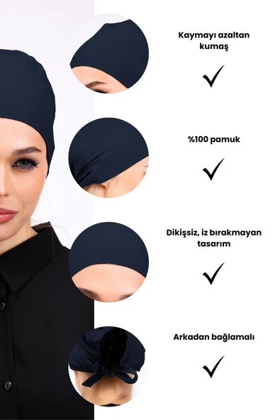 Loggia Düz Dikişsiz Penye Bone Petrol Mavisi - Kadın Tesettür Bağlamalı İç Bone - Resim 3