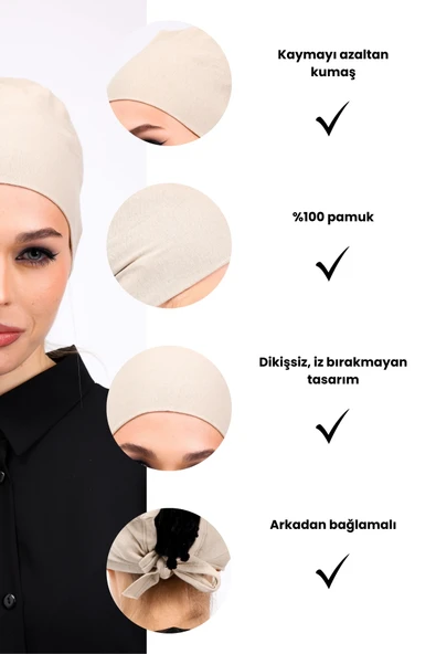 Loggia Düz Dikişsiz Penye Bone Krem - Kadın Tesettür Bağlamalı İç Bone Bej - Resim 3