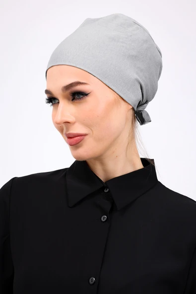 Loggia Düz Dikişsiz Penye Bone Açık Gri - Kadın Tesettür Bağlamalı İç Bone - Resim 4