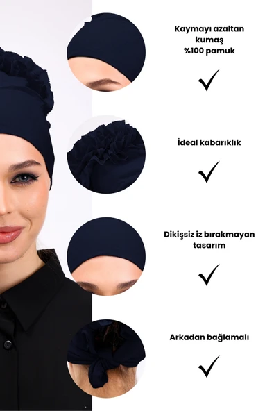 Loggia Fırfırlı Dikişsiz Penye Bone Lacivert - Kadın Tesettür Bağlamalı Topuz İç Bone - Resim 3