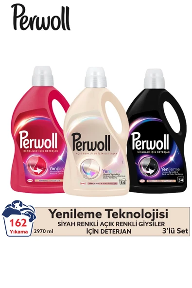 Perwoll Hassas Bakım Sıvı Çamaşır Deterjanı 3x2,97L (162 Yıkama) – Renkli, Siyah ve Açık RenkÇamaşırlar İçin ürün görseli 1