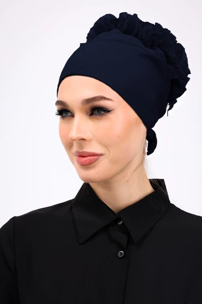 Loggia Fırfırlı Dikişsiz Penye Bone Lacivert - Kadın Tesettür Bağlamalı Topuz İç Bone - Resim 6