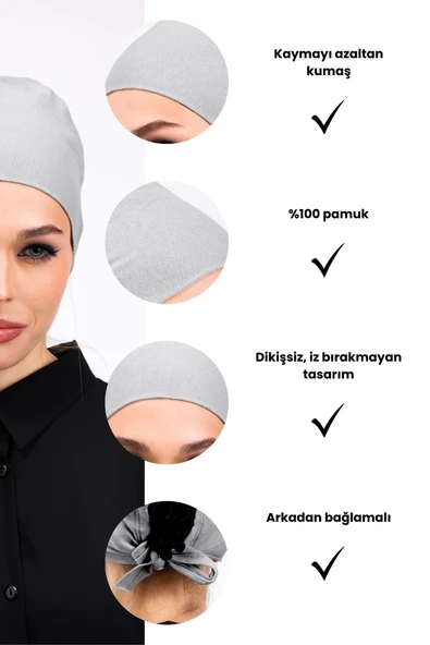 Loggia Düz Dikişsiz Penye Bone Açık Gri - Kadın Tesettür Bağlamalı İç Bone - Resim 3